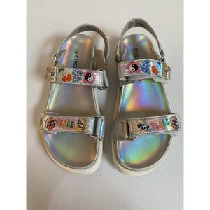 Steve Madden Girls Mona Flat Sandals Silver Iridescent Holographic Emoji Sticker